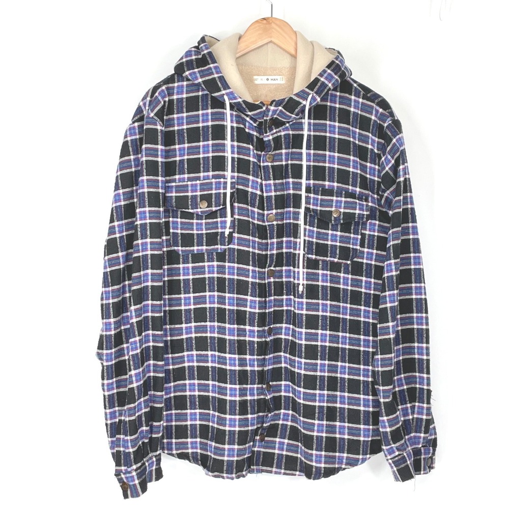 Zara Man Mens Shirt XL Jacket Black Blue Plaid Flannel Sherpa Lined‎ Hooded